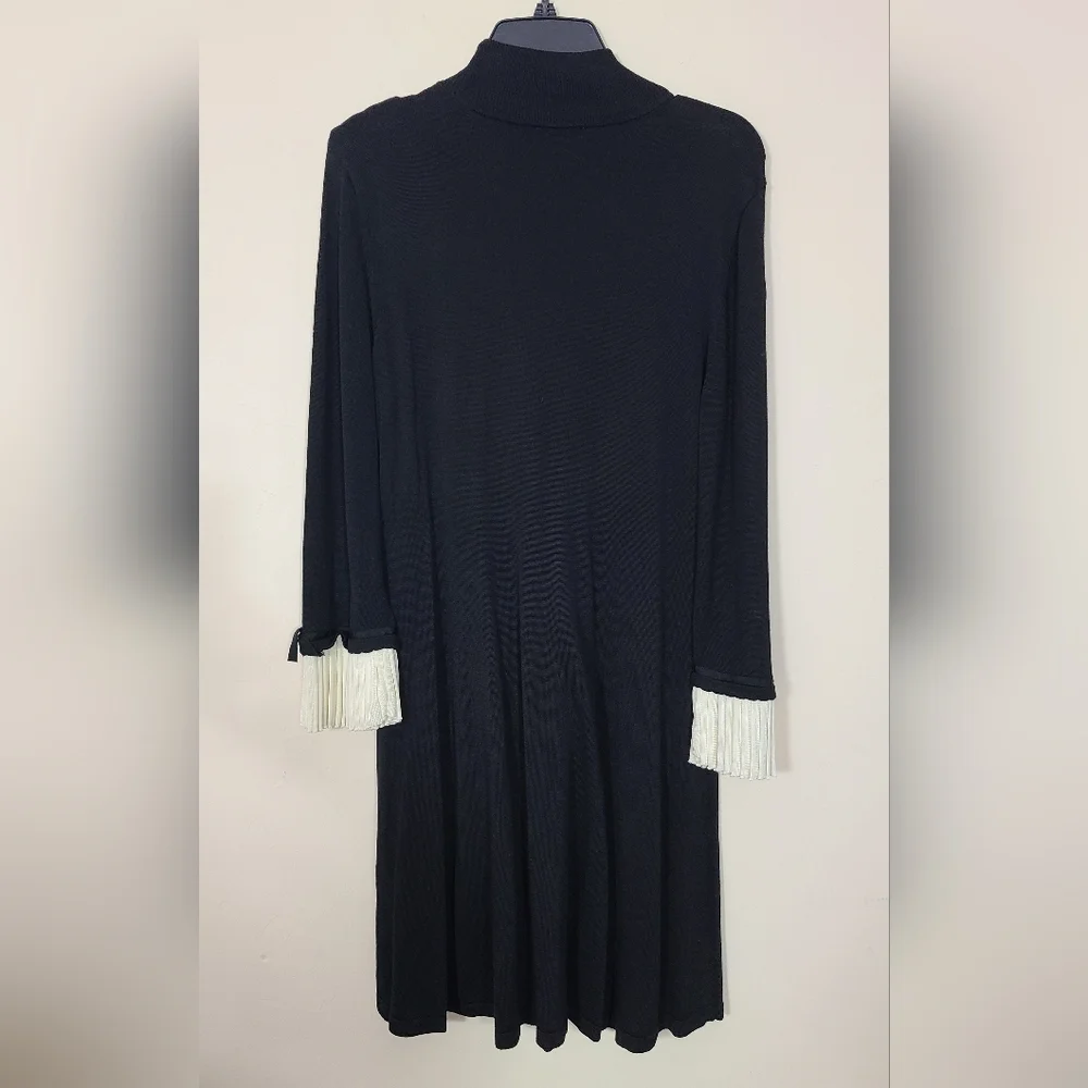 CeCe Womens XL Black Sweater Dress White Pleated Cuffs‎ Mockneck Preppy Casual